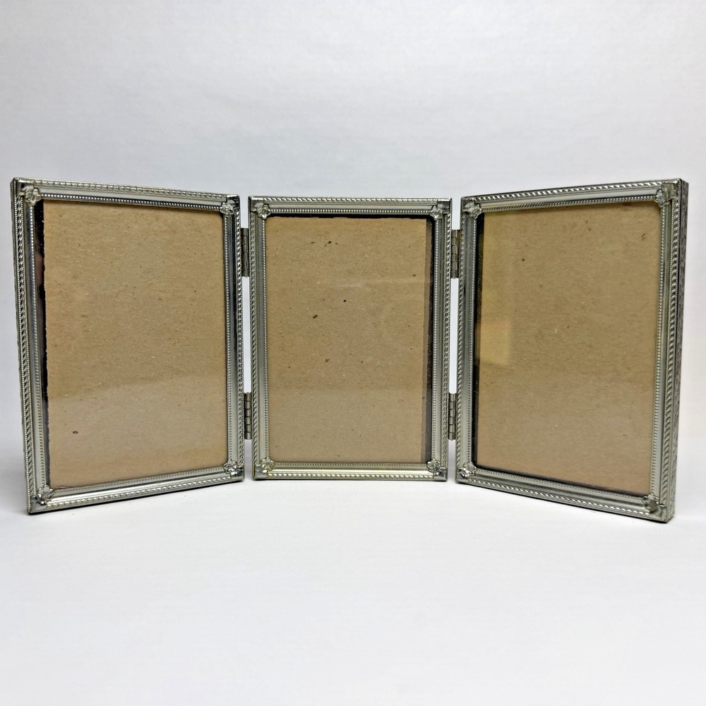 Vintage Trifold Hinged Photo Frame Silver Tone Embossed Metal Floral 3" x 4.5"